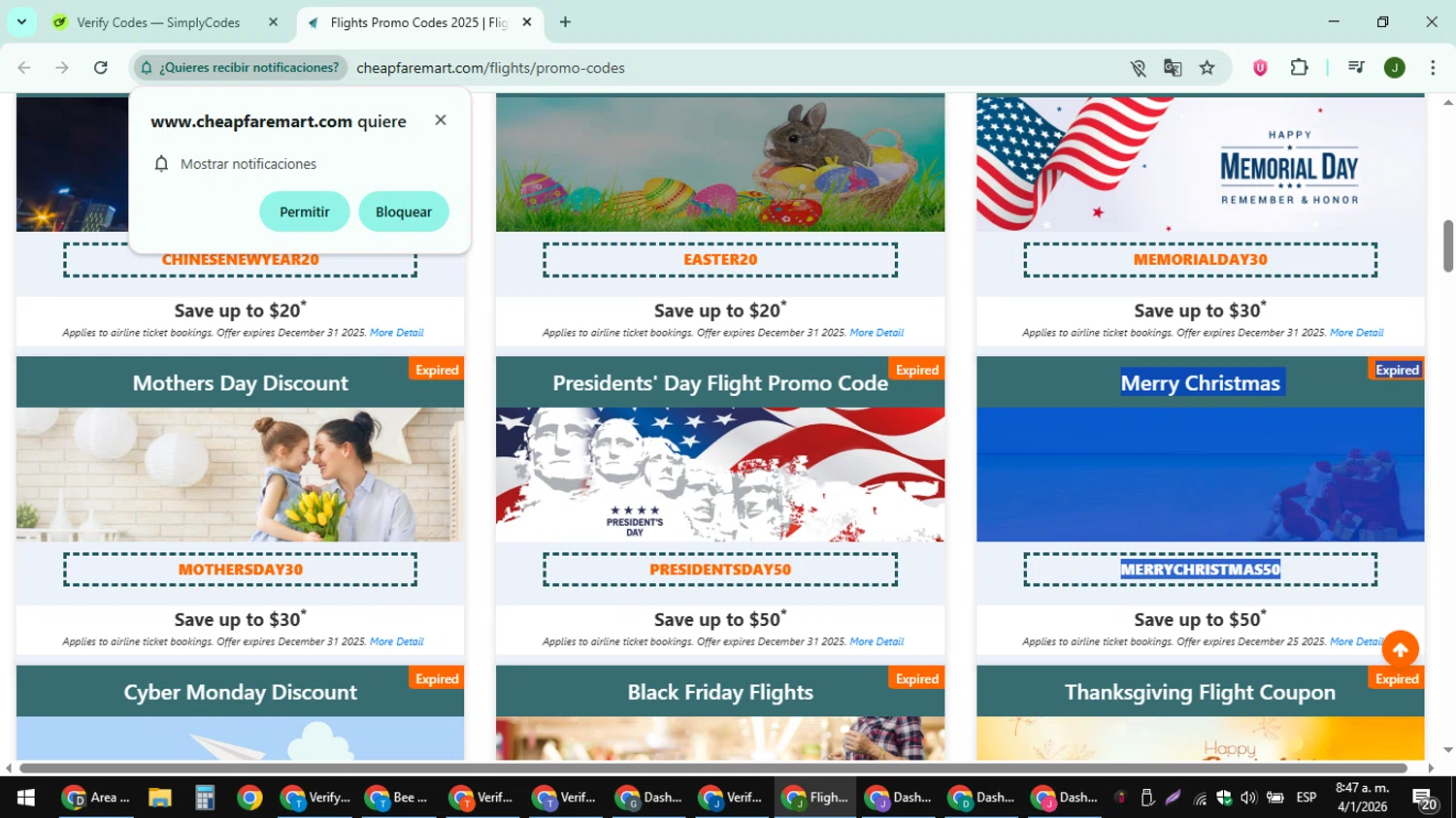 Cheapfaremart promo code screenshot showing code MERRYCHRISTMAS50 applied at Cheapfaremart checkout page. Uploaded by SimplyCodes community member ShieldFinder369 on Jan 4, 2026