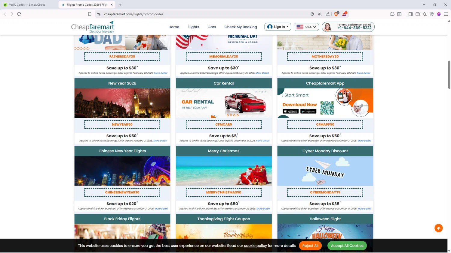 Cheapfaremart promo code screenshot showing code MERRYCHRISTMAS50 applied at Cheapfaremart checkout page. Uploaded by SimplyCodes community member TheGnomo on Feb 8, 2026