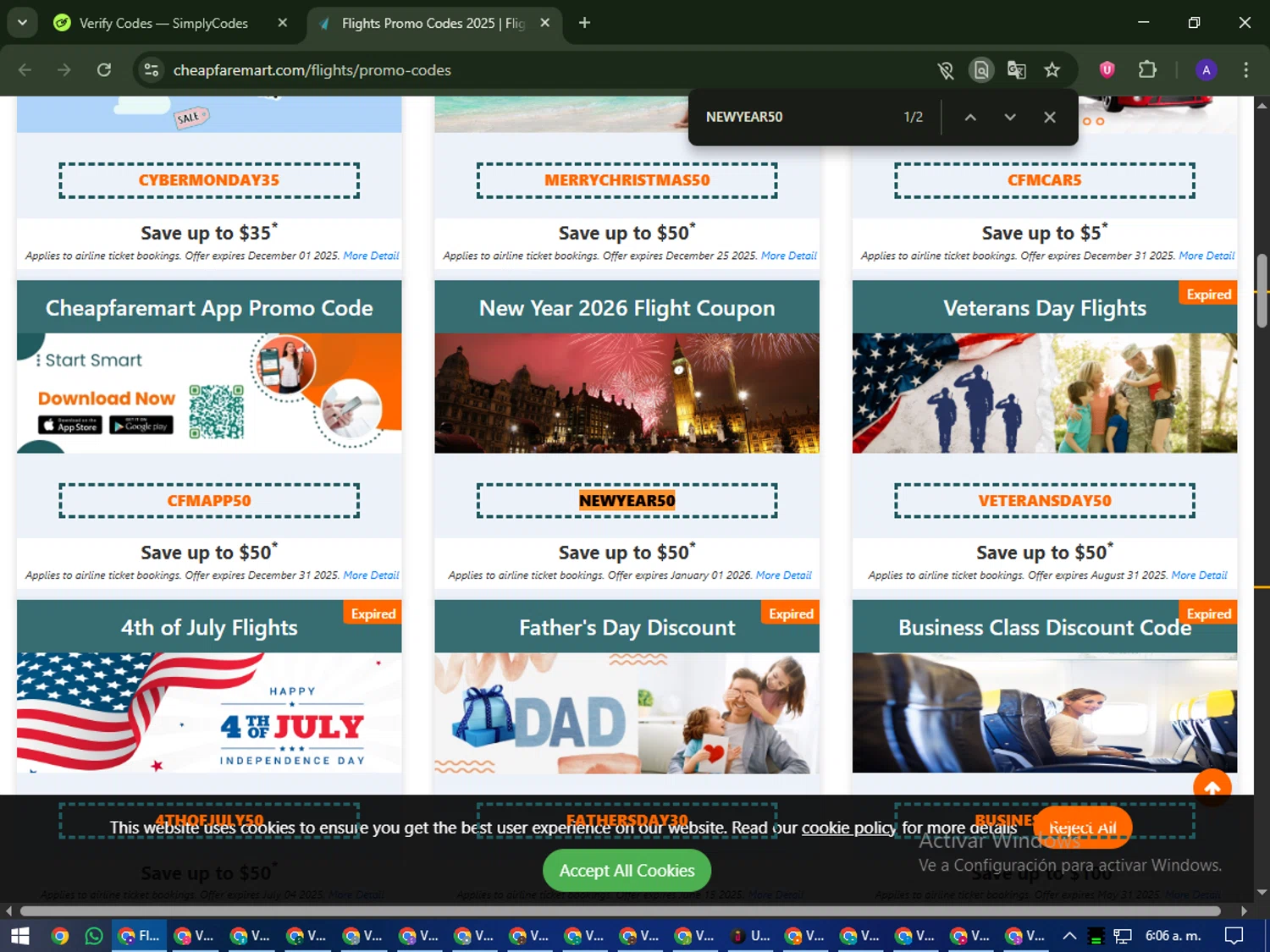 Cheapfaremart promo code screenshot showing code NEWYEAR50 applied at Cheapfaremart checkout page. Uploaded by SimplyCodes community member MagnificentWarden4603 on Sep 25, 2025