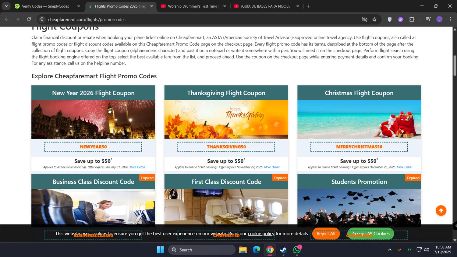 Cheapfaremart promo code screenshot showing code NEWYEAR50 applied at Cheapfaremart checkout page. Uploaded by SimplyCodes community member lunita on Jul 19, 2025