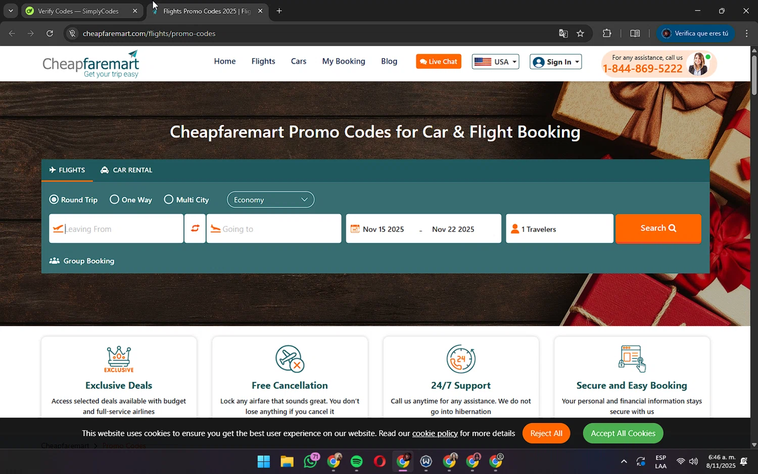 Cheapfaremart promo code screenshot showing code THANKSGIVING50 applied at Cheapfaremart checkout page. Uploaded by SimplyCodes community member AshlyMichell on Nov 8, 2025