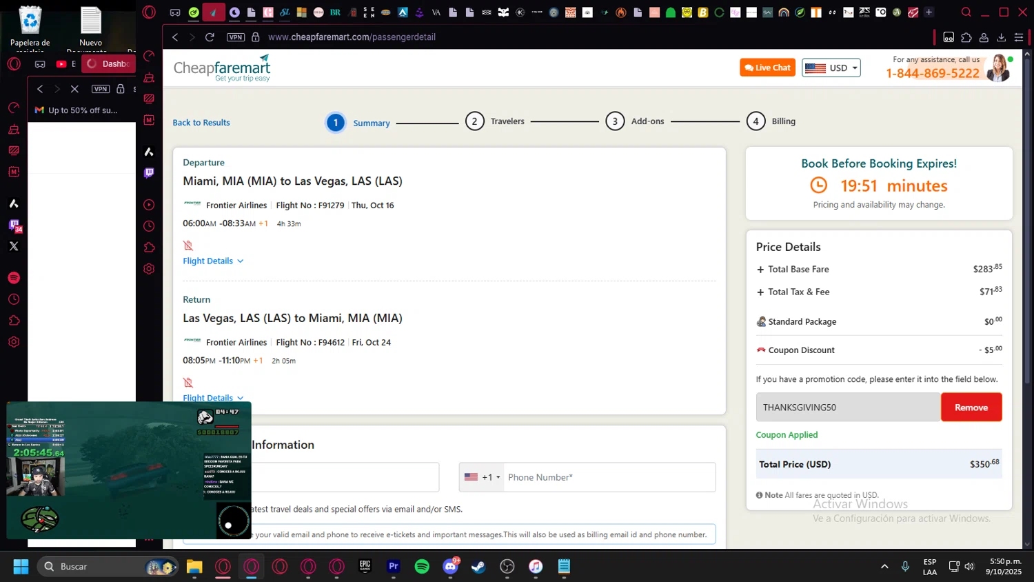 Cheapfaremart promo code screenshot showing code THANKSGIVING50 applied at Cheapfaremart checkout page. Uploaded by SimplyCodes community member leonardocamacho2 on Oct 9, 2025