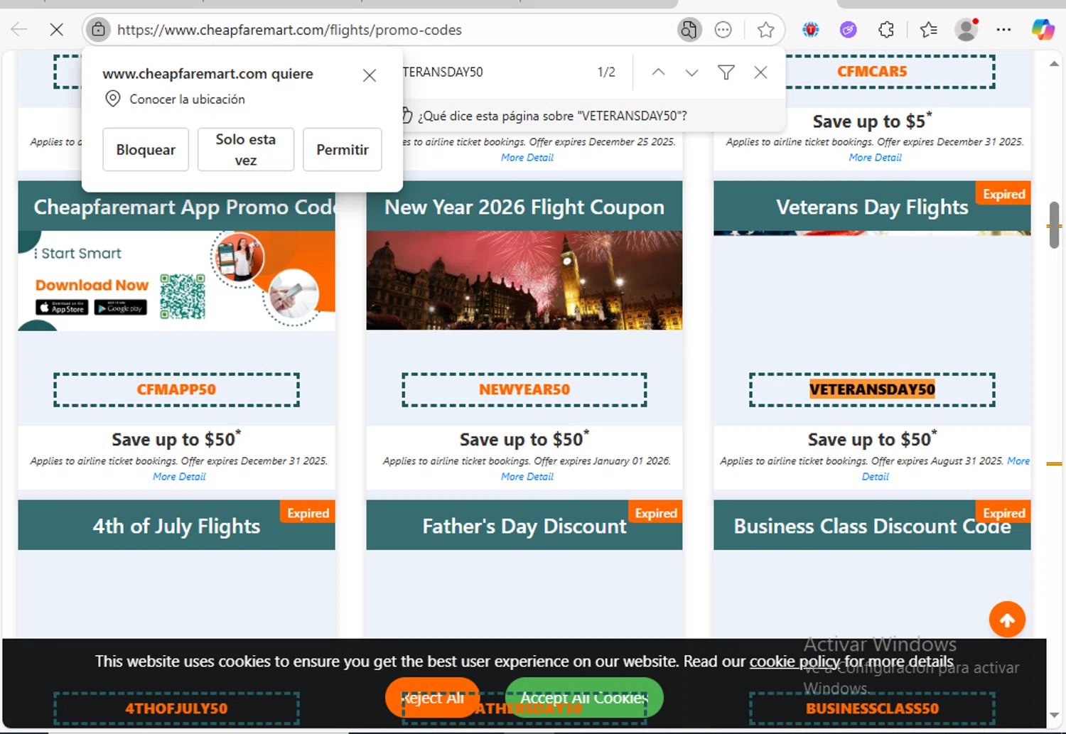 Cheapfaremart promo code screenshot showing code VETERANSDAY50 applied at Cheapfaremart checkout page. Uploaded by SimplyCodes community member Franco20 on Oct 9, 2025