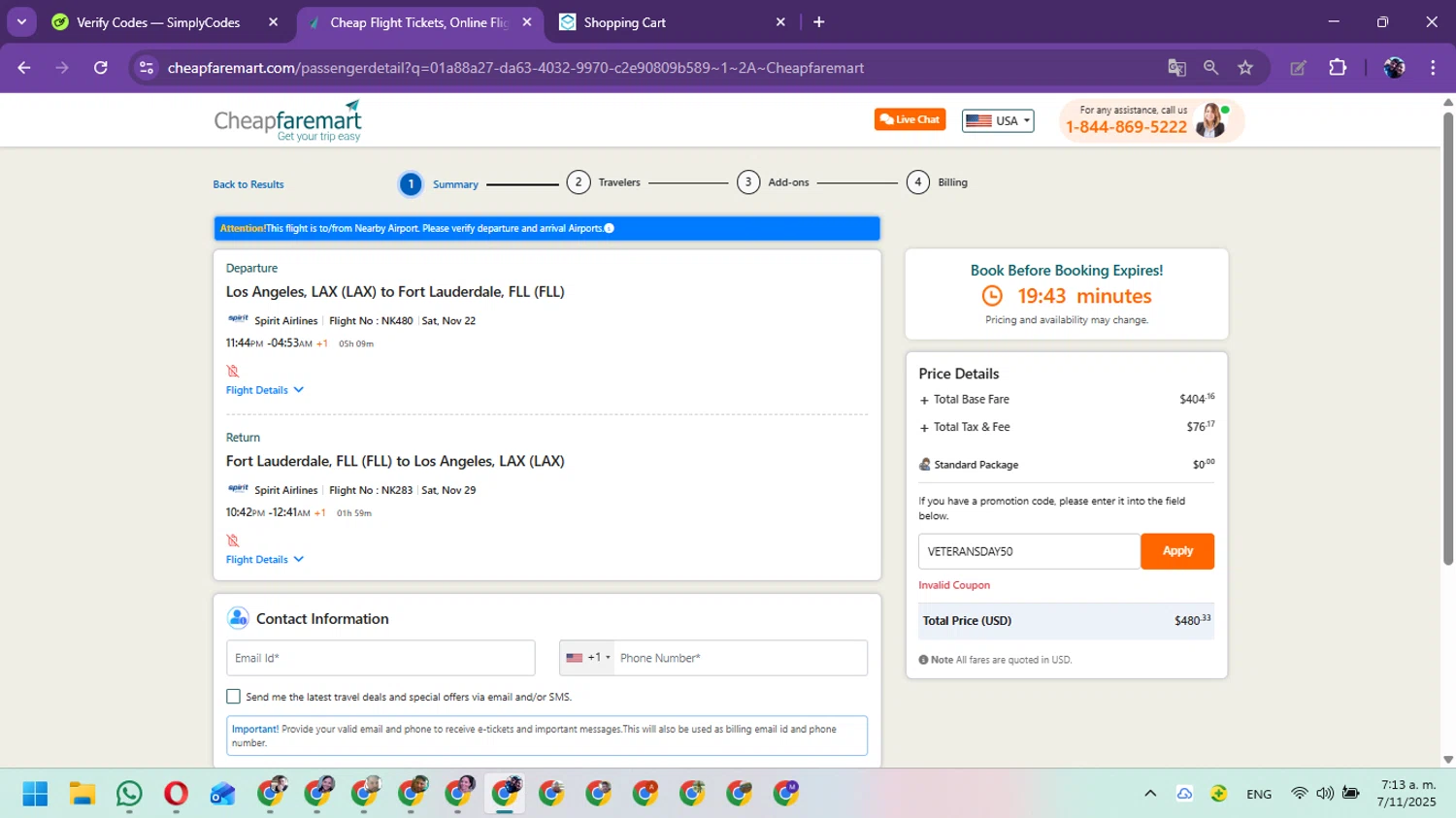 Cheapfaremart promo code screenshot showing code VETERANSDAY50 applied at Cheapfaremart checkout page. Uploaded by SimplyCodes community member Marielis on Nov 7, 2025