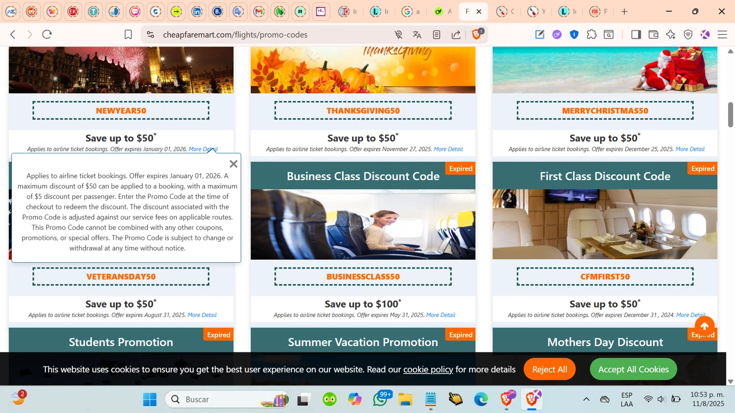 Cheapfaremart promo code screenshot showing code VETERANSDAY50 applied at Cheapfaremart checkout page. Uploaded by SimplyCodes community member cosita on Aug 12, 2025
