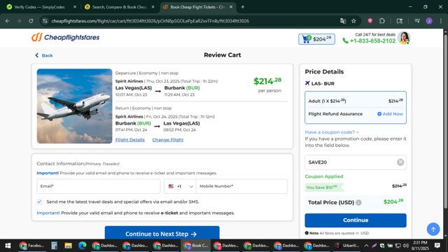 Cheapflightsfares checkout page showing Cheapflightsfares promo code box | Screenshot taken by SimplyCodes community member on Aug 11, 2025