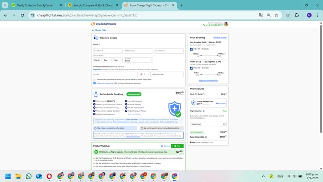Cheapflightsfares checkout page showing Cheapflightsfares promo code box | Screenshot taken by SimplyCodes community member on Sep 3, 2025