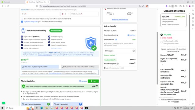 Cheapflightsfares checkout page showing Cheapflightsfares promo code box | Screenshot taken by SimplyCodes community member on Jul 22, 2025