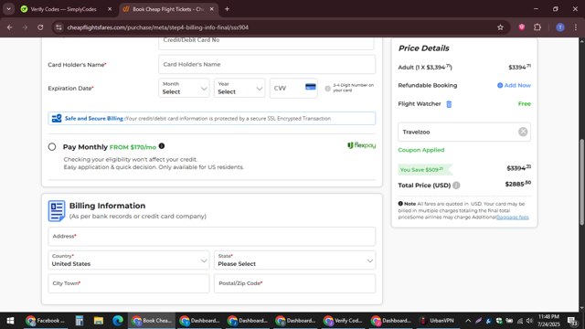 Cheapflightsfares checkout page showing Cheapflightsfares promo code box | Screenshot taken by SimplyCodes community member on Jul 25, 2025