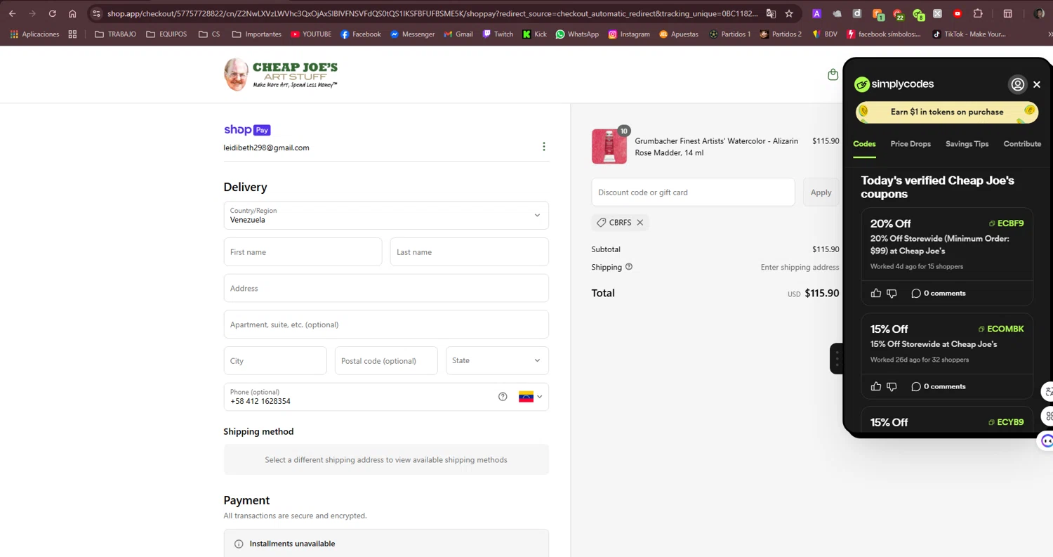 Cheap Joe's coupon code screenshot showing code CBRFS applied at Cheap Joe's checkout page. Uploaded by SimplyCodes community member Jose29 on Mar 17, 2025
