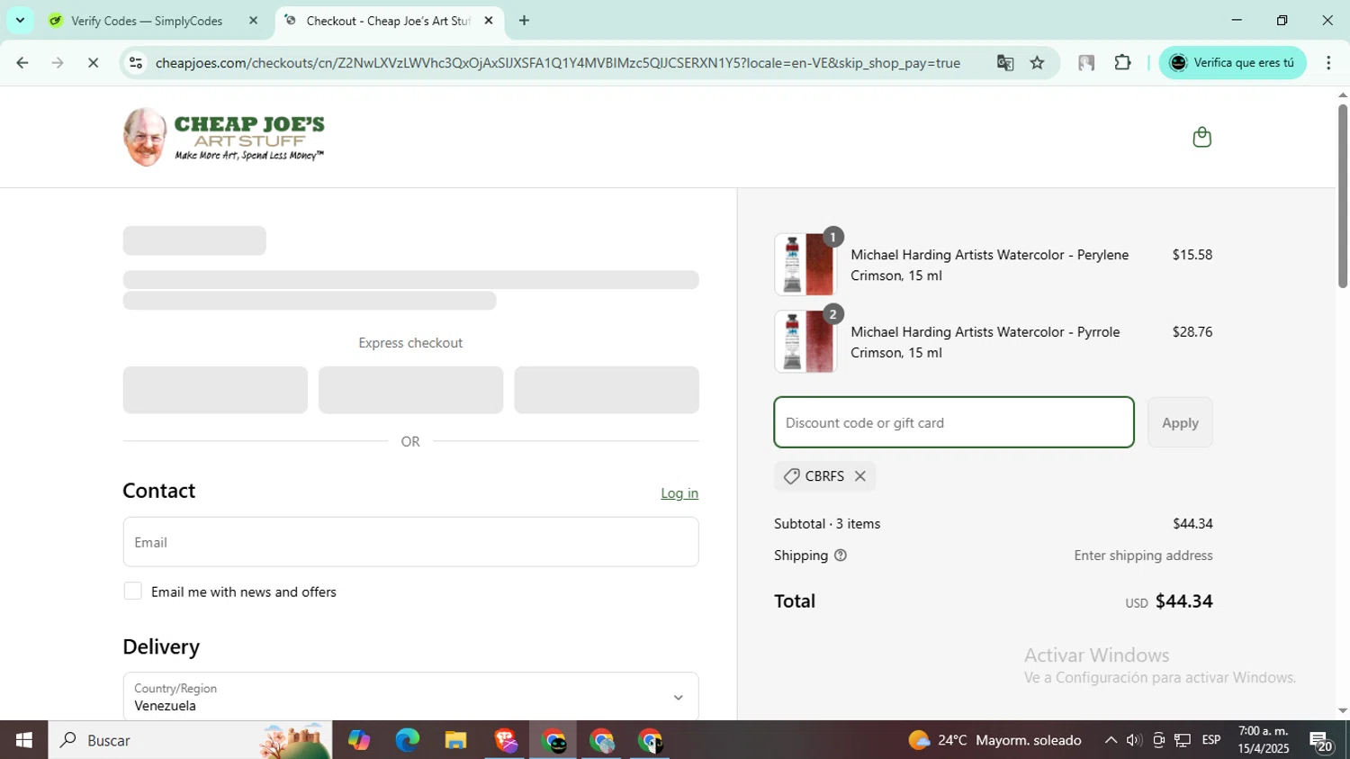 Cheap Joe's coupon code screenshot showing code CBRFS applied at Cheap Joe's checkout page. Uploaded by SimplyCodes community member BargainWizard5755 on Apr 15, 2025