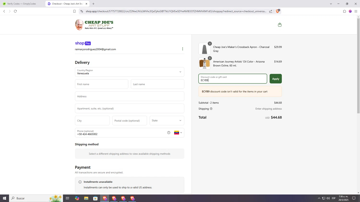 Cheap Joe's coupon code screenshot showing code ECYB9 applied at Cheap Joe's checkout page. Uploaded by SimplyCodes community member Raiiii18 on Mar 20, 2025