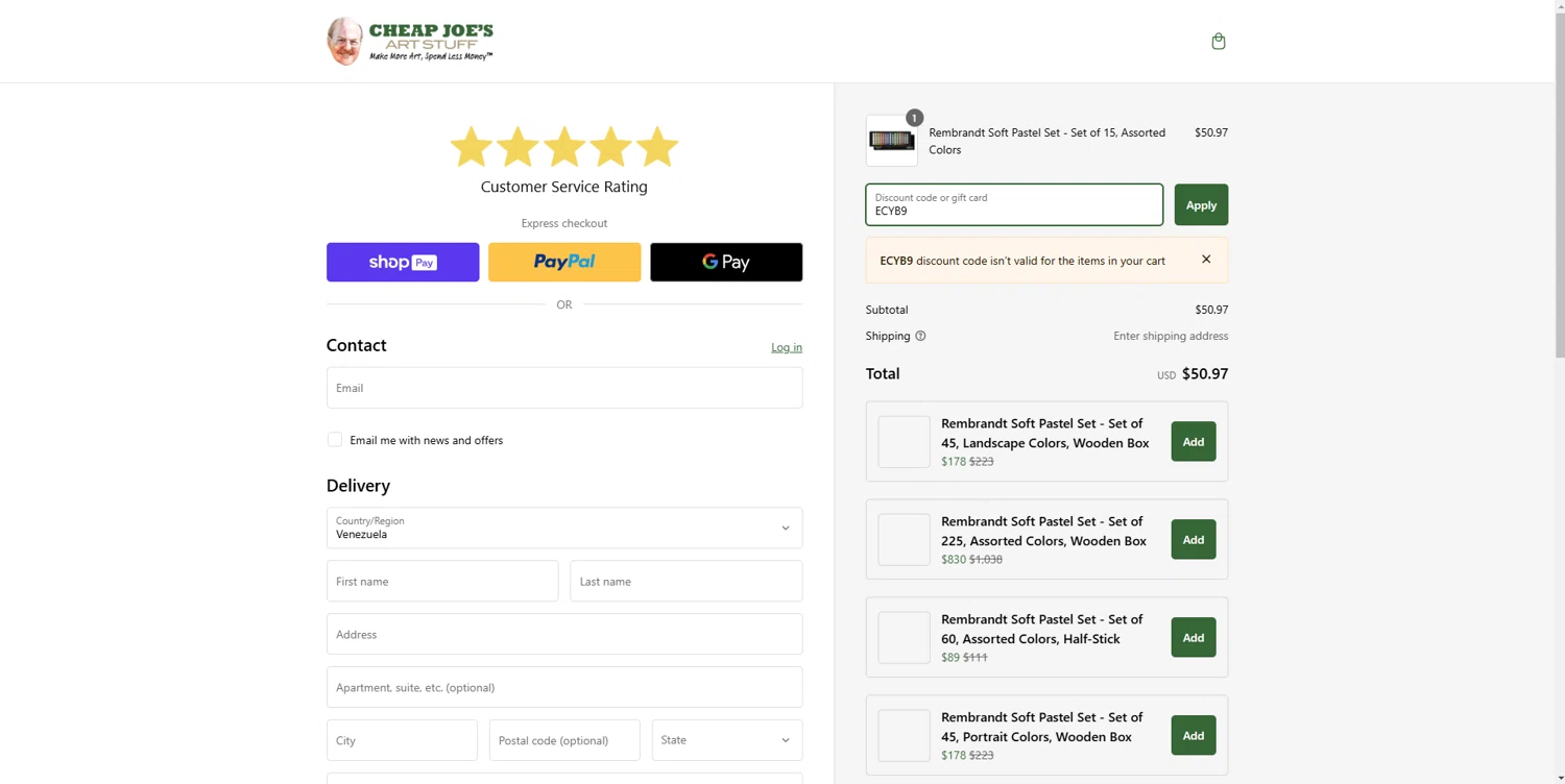Cheap Joe's coupon code screenshot showing code ECYB9 applied at Cheap Joe's checkout page. Uploaded by SimplyCodes community member brrrrr on Jan 14, 2025