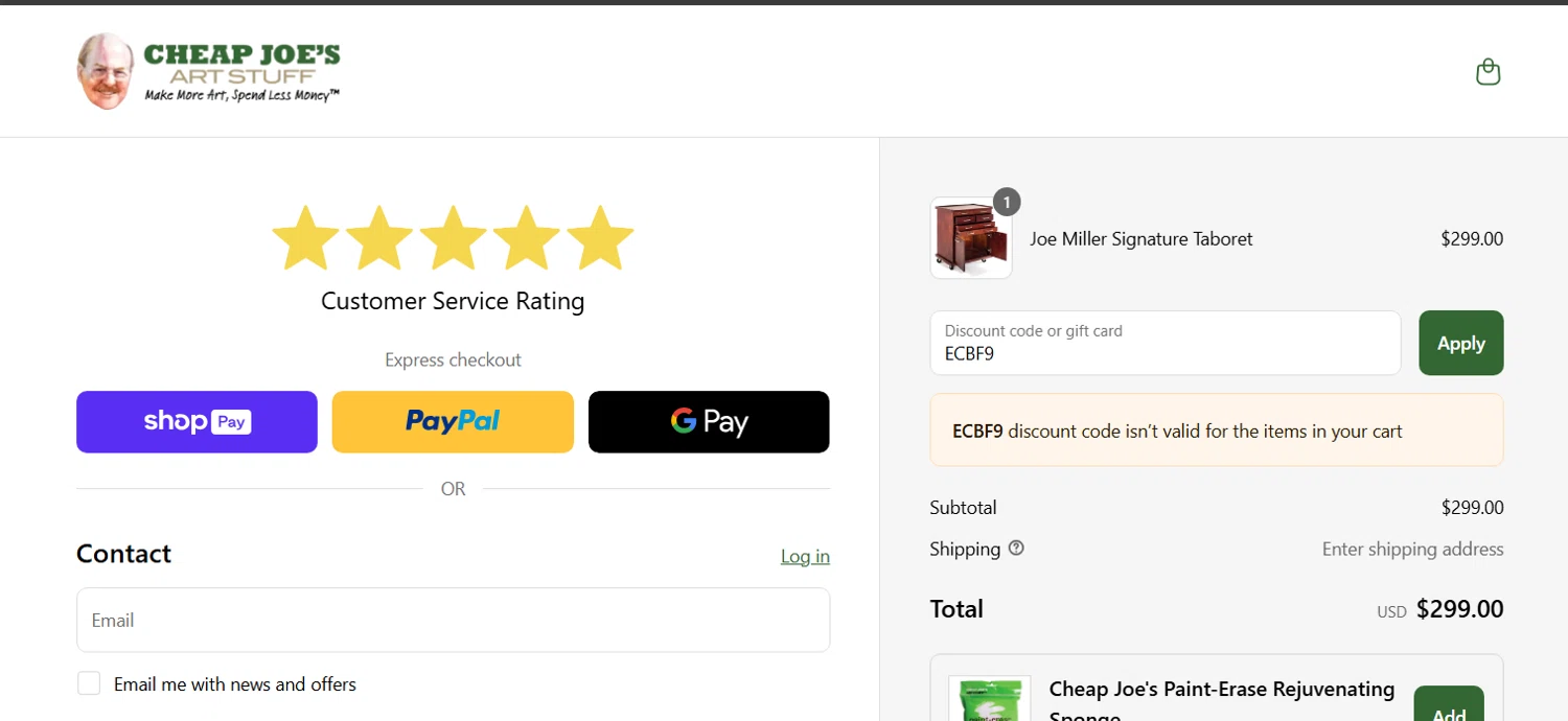 Cheap Joe's coupon code screenshot showing code ECBF9 applied at Cheap Joe's checkout page. Uploaded by SimplyCodes community member RichterBelmont on May 1, 2025