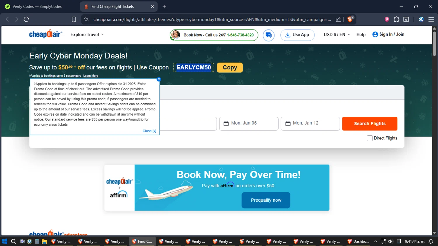 CheapOair promo code screenshot showing code EARLYCM50 applied at CheapOair checkout page. Uploaded by SimplyCodes community member ZoilaPerrita on Dec 22, 2025