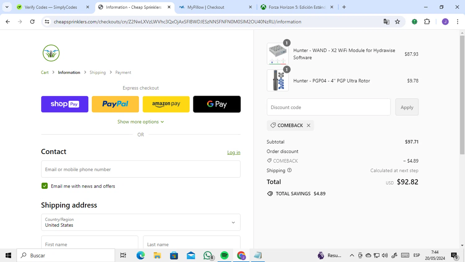 Cheap Sprinklers checkout page showing Cheap Sprinklers discount code box | Screenshot taken by SimplyCodes community member on May 20, 2024