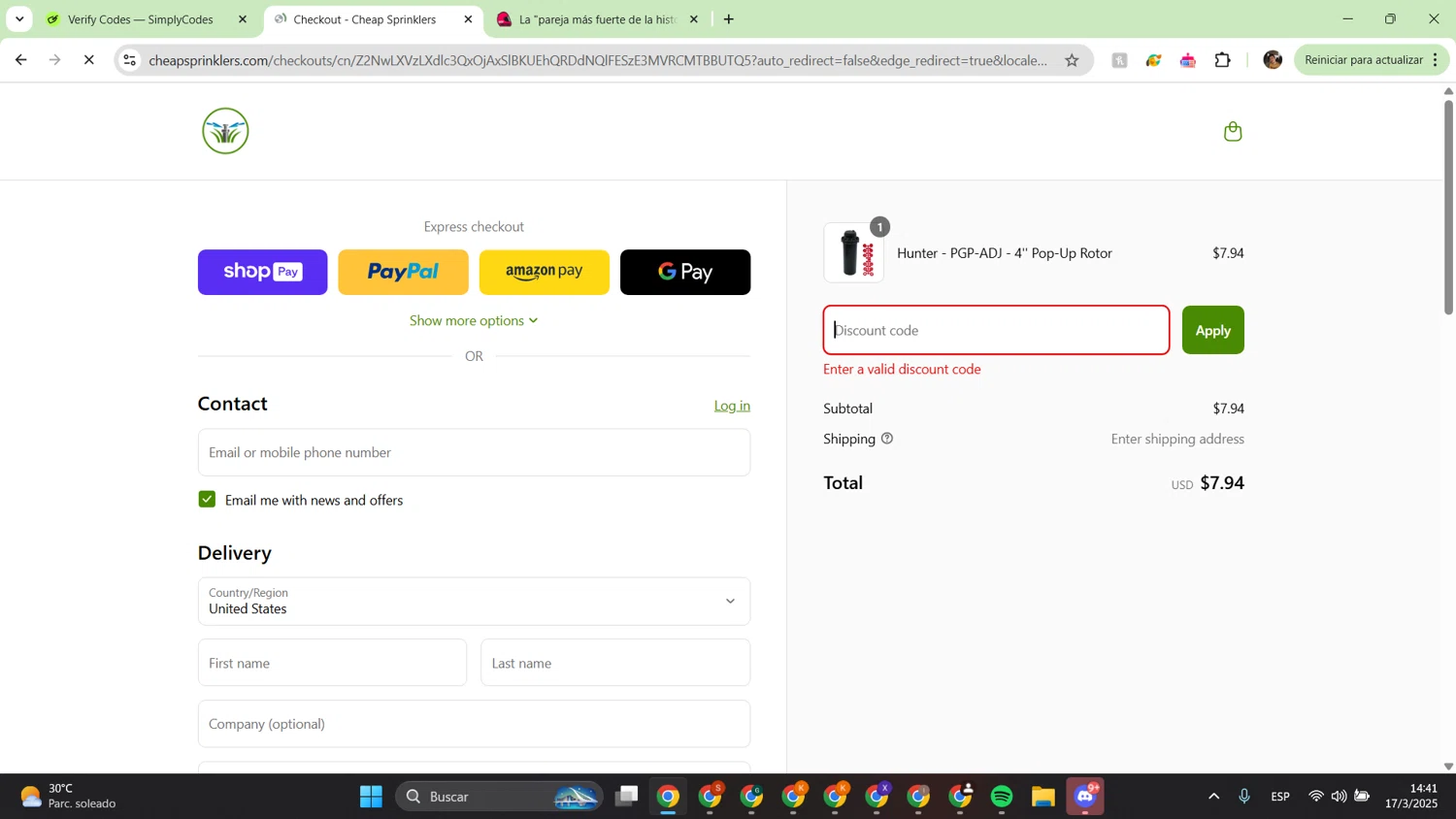Cheap Sprinklers discount code screenshot showing code COMEBACK applied at Cheap Sprinklers checkout page. Uploaded by SimplyCodes community member alfredish on Mar 17, 2025