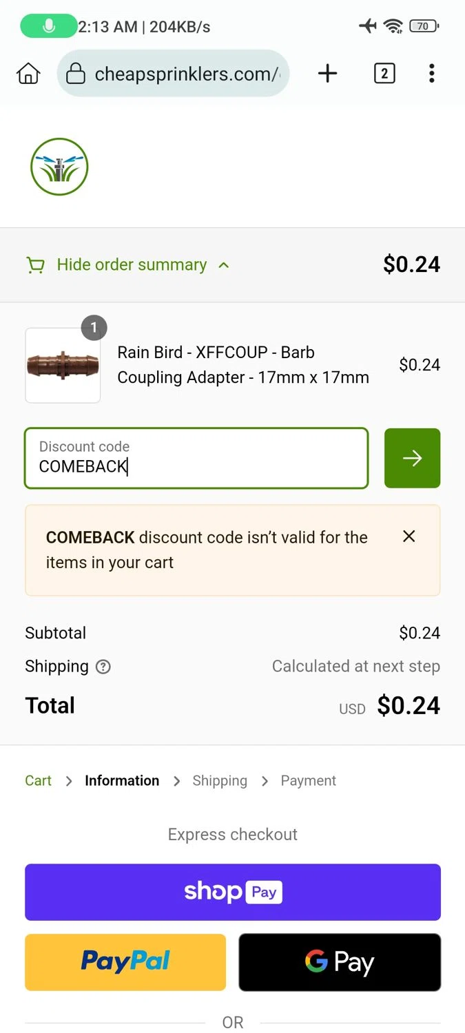 Cheap Sprinklers checkout page showing Cheap Sprinklers discount code box | Screenshot taken by SimplyCodes community member on Aug 16, 2024