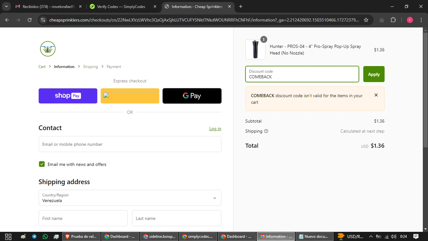 Cheap Sprinklers checkout page showing Cheap Sprinklers discount code box | Screenshot taken by SimplyCodes community member on Sep 25, 2024
