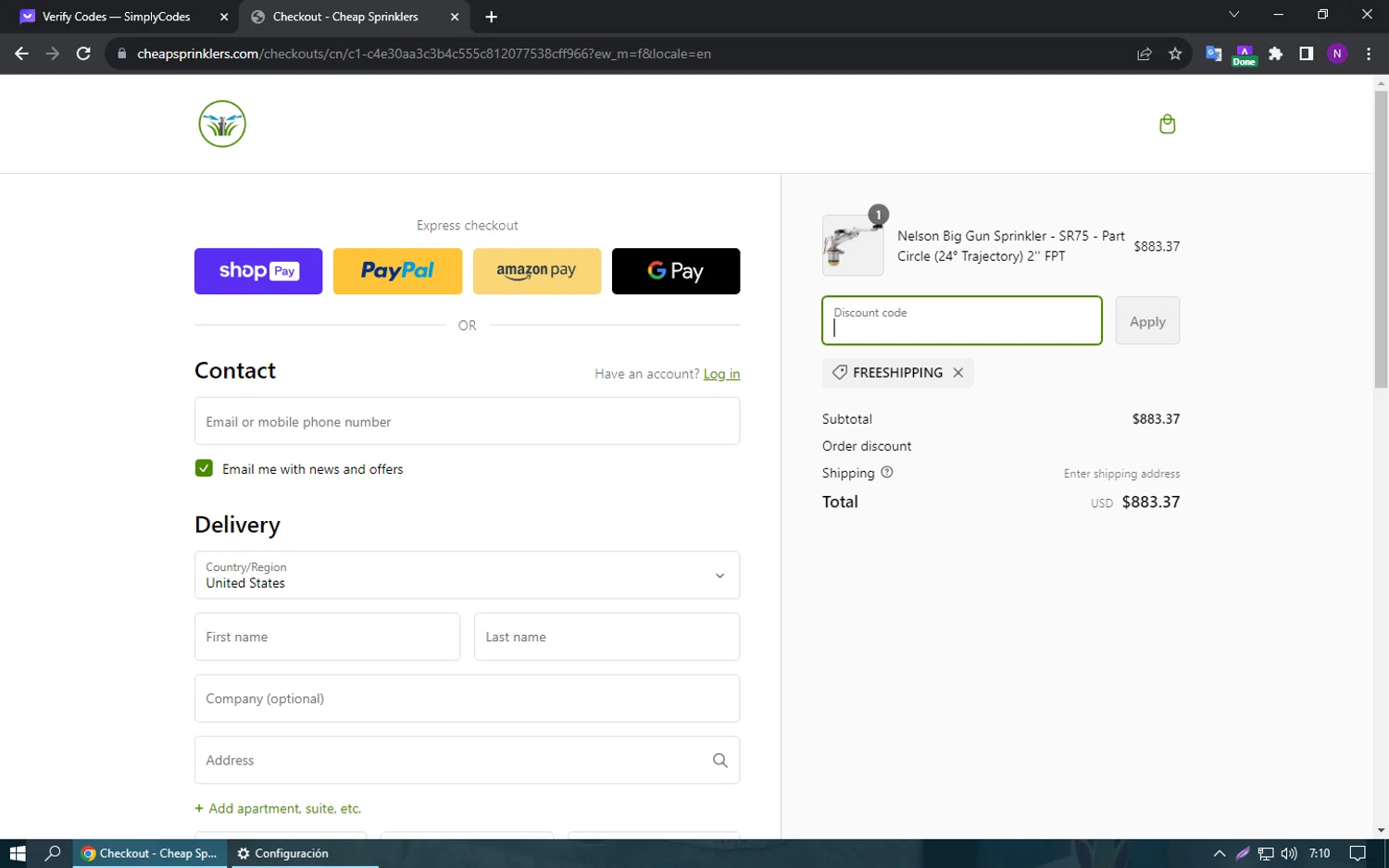 Cheap Sprinklers checkout page showing Cheap Sprinklers discount code box | Screenshot taken by SimplyCodes community member on Nov 2, 2023