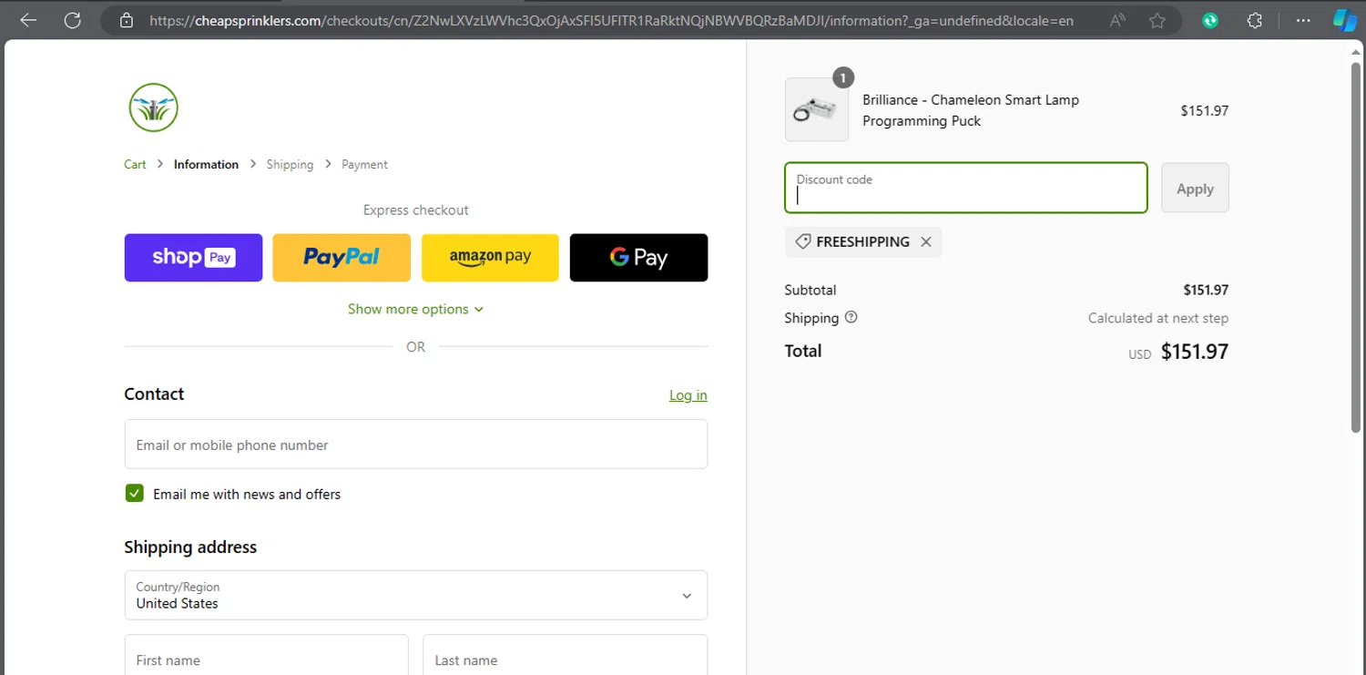 Cheap Sprinklers checkout page showing Cheap Sprinklers discount code box | Screenshot taken by SimplyCodes community member on Mar 6, 2024