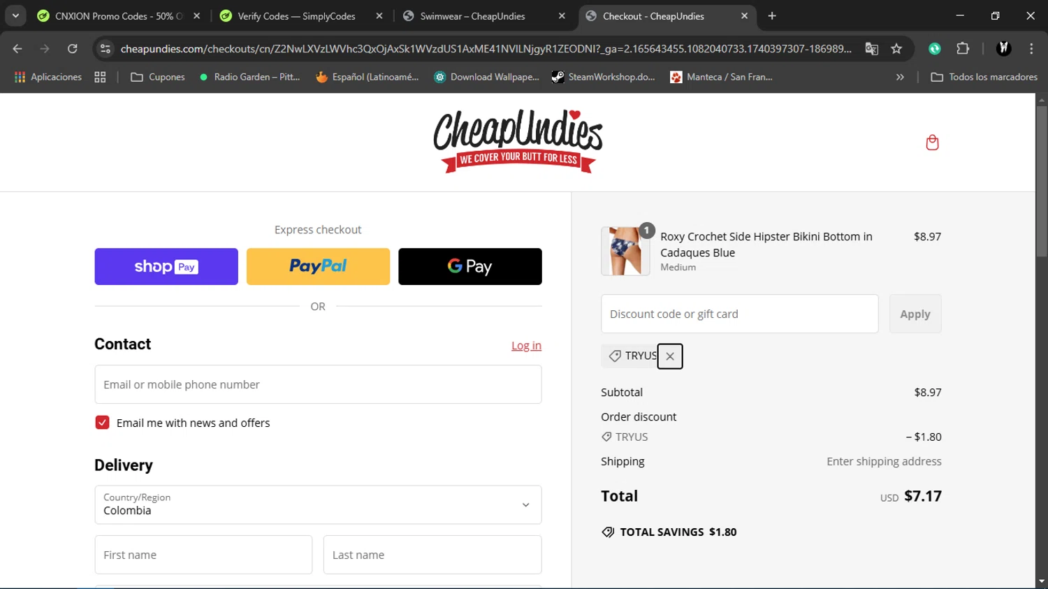 CheapUndies discount code screenshot showing code TRYUS applied at CheapUndies checkout page. Uploaded by SimplyCodes community member Charlote on Feb 24, 2025