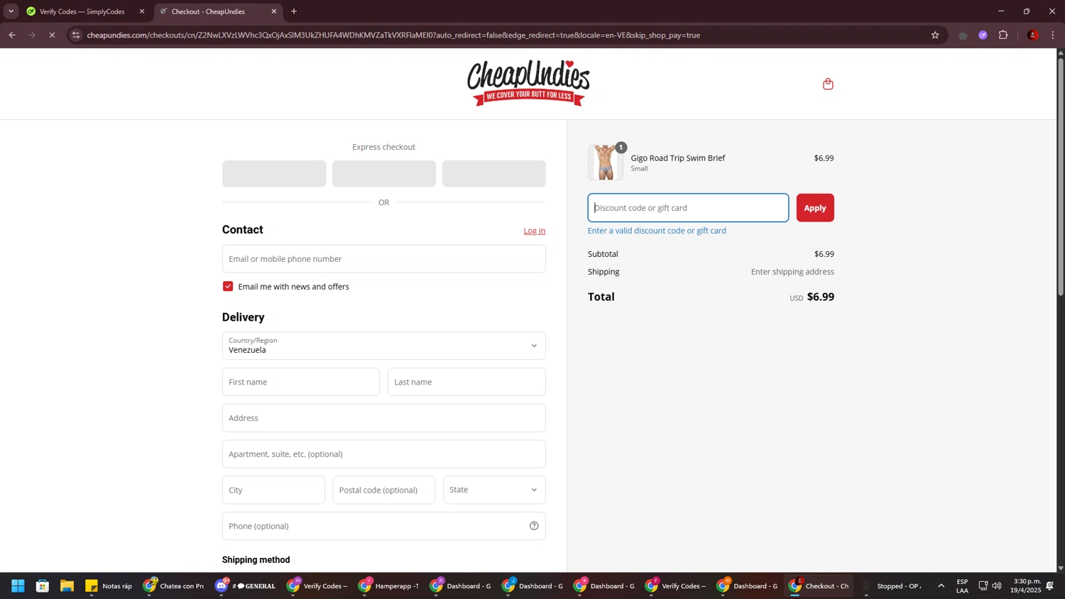 CheapUndies discount code screenshot showing code SUMMER19 applied at CheapUndies checkout page. Uploaded by SimplyCodes community member BrilliantSaver7516 on Apr 19, 2025