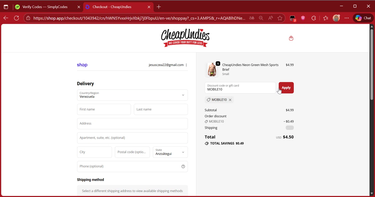CheapUndies discount code screenshot showing code MOBILE10 applied at CheapUndies checkout page. Uploaded by SimplyCodes community member DiscountScout1417 on Nov 21, 2025