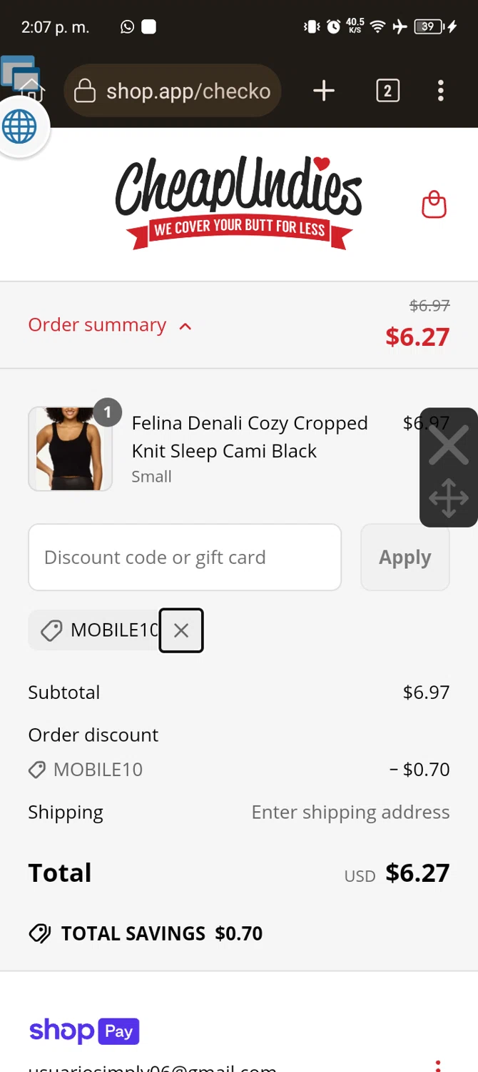 CheapUndies discount code screenshot showing code MOBILE10 applied at CheapUndies checkout page. Uploaded by SimplyCodes community member Usuario_simply on Apr 19, 2025
