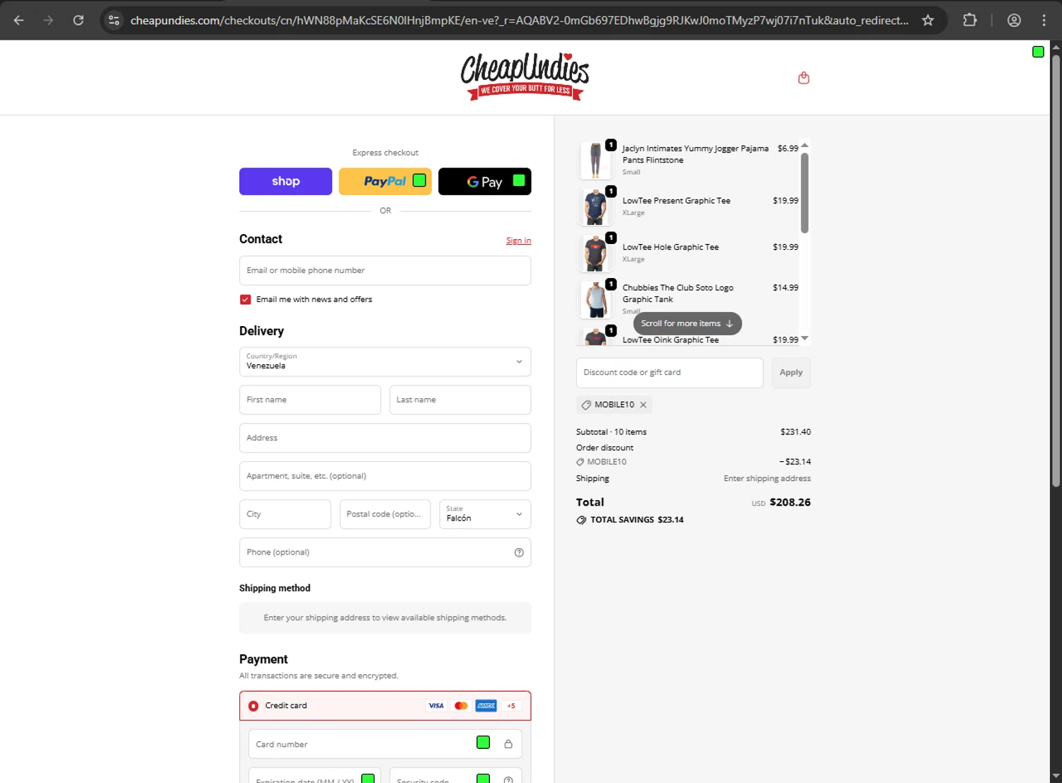 CheapUndies discount code screenshot showing code MOBILE10 applied at CheapUndies checkout page. Uploaded by SimplyCodes community member gokuyvegetta on Jan 28, 2026
