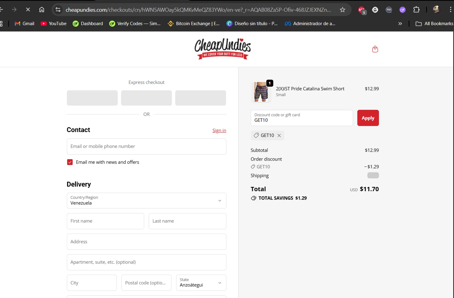 CheapUndies discount code screenshot showing code GET10 applied at CheapUndies checkout page. Uploaded by SimplyCodes community member LiShang on Nov 11, 2025