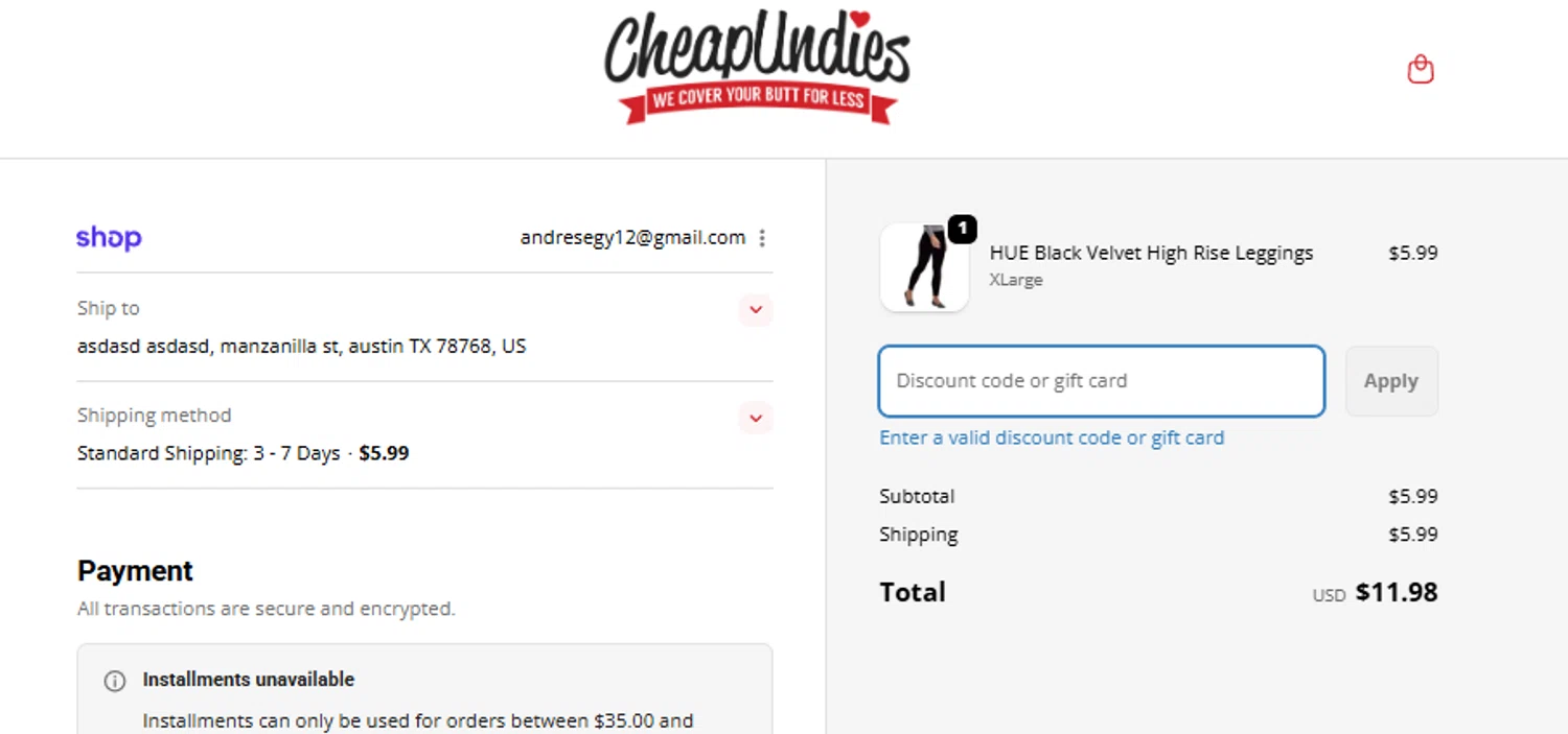 CheapUndies discount code screenshot showing code GET10 applied at CheapUndies checkout page. Uploaded by SimplyCodes community member Woskal on Nov 11, 2025