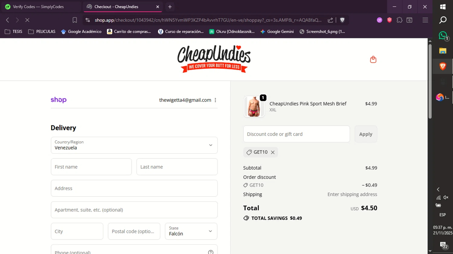 CheapUndies discount code screenshot showing code GET10 applied at CheapUndies checkout page. Uploaded by SimplyCodes community member xXdevoragoticas69Xx on Nov 21, 2025
