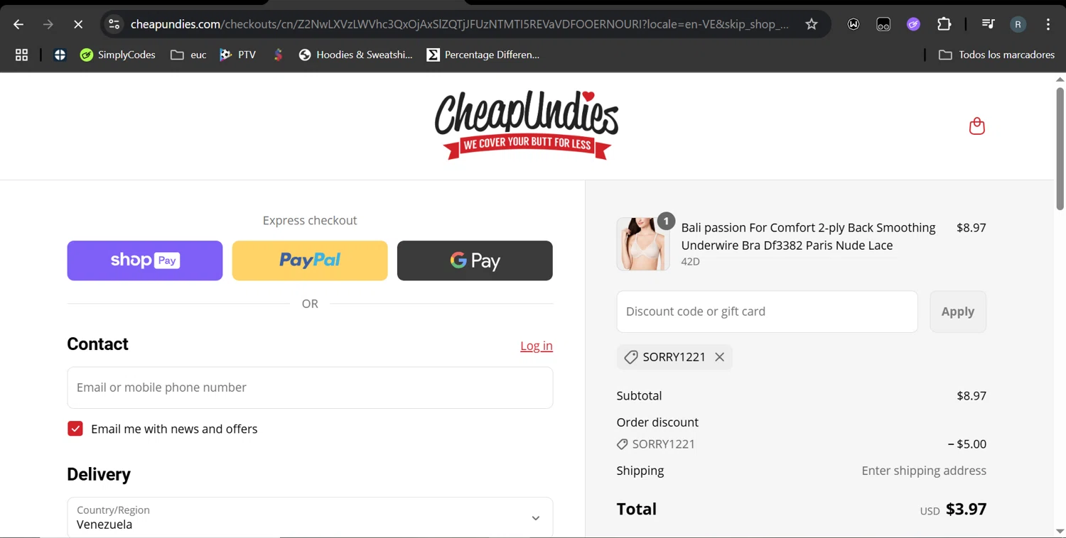 CheapUndies discount code screenshot showing code SORRY1221 applied at CheapUndies checkout page. Uploaded by SimplyCodes community member MarcoReus on May 20, 2025