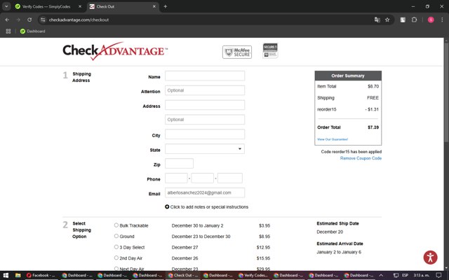 Check Advantage checkout page showing Check Advantage coupon code box | Screenshot taken by SimplyCodes community member on Dec 17, 2024