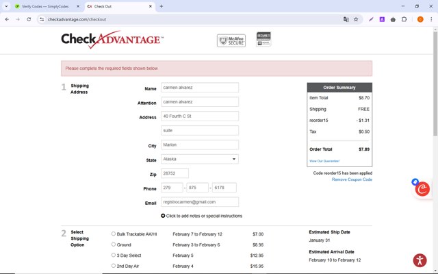 Check Advantage checkout page showing Check Advantage coupon code box | Screenshot taken by SimplyCodes community member on Jan 28, 2025