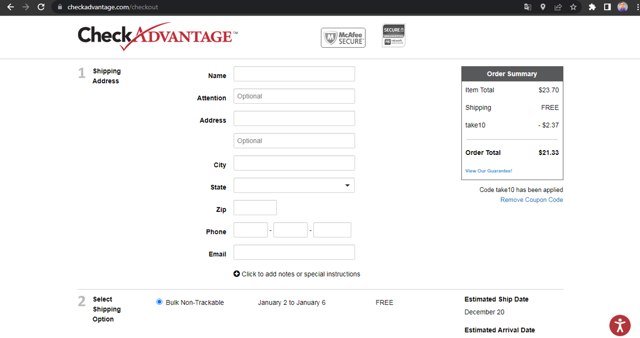 Check Advantage checkout page showing Check Advantage coupon code box | Screenshot taken by SimplyCodes community member on Dec 17, 2024