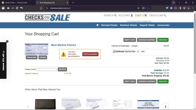 Checks on Sale checkout page showing Checks on Sale coupon code box | Screenshot taken by SimplyCodes community member on Jun 17, 2025