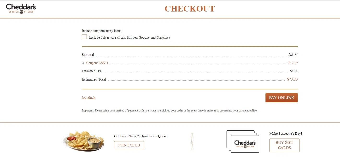 Cheddar's Scratch Kitchen checkout page showing Cheddar's Scratch Kitchen promo code box | Screenshot taken by SimplyCodes community member on Oct 4, 2020