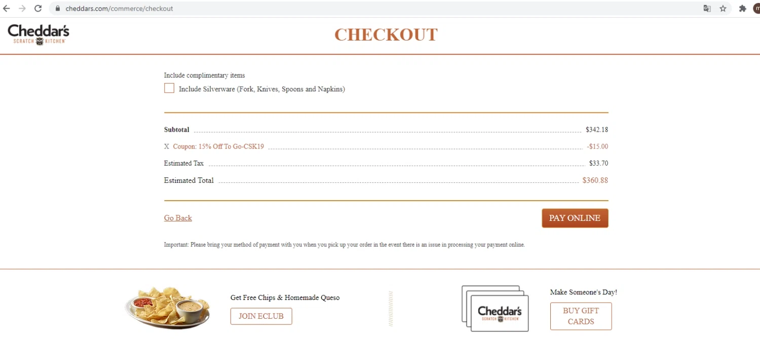 Cheddar's Scratch Kitchen checkout page showing Cheddar's Scratch Kitchen promo code box | Screenshot taken by SimplyCodes community member on Jan 25, 2021