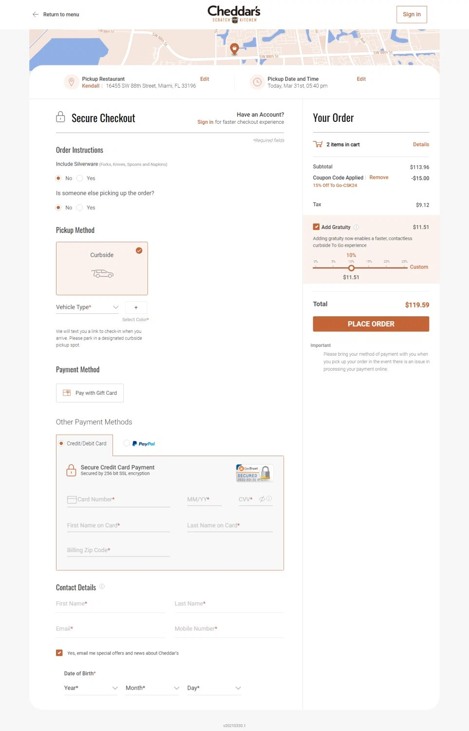 Cheddar's Scratch Kitchen checkout page showing Cheddar's Scratch Kitchen promo code box | Screenshot taken by SimplyCodes community member on Mar 31, 2021