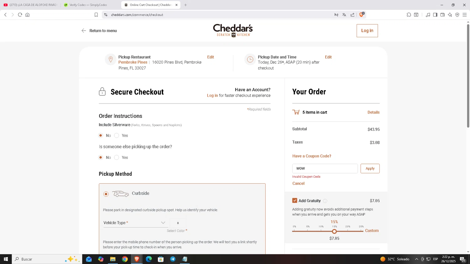 Cheddar's Scratch Kitchen promo code screenshot showing code WOW applied at Cheddar's Scratch Kitchen checkout page. Uploaded by SimplyCodes community member Carloscoder_900457733 on Dec 26, 2025