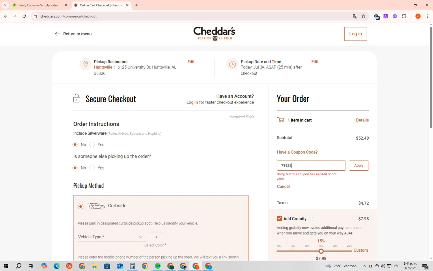 Cheddar's Scratch Kitchen promo code screenshot showing code 79922 applied at Cheddar's Scratch Kitchen checkout page. Uploaded by SimplyCodes community member LuckyWhiz1010 on Jul 4, 2025