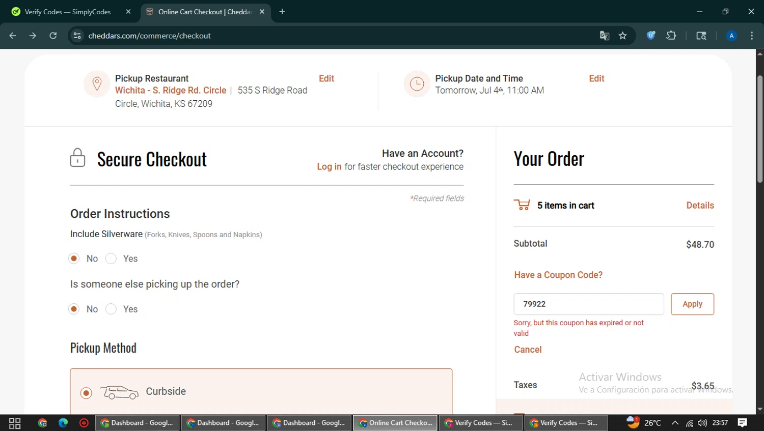 Cheddar's Scratch Kitchen promo code screenshot showing code 79922 applied at Cheddar's Scratch Kitchen checkout page. Uploaded by SimplyCodes community member NobleCaptain2872 on Jul 4, 2025