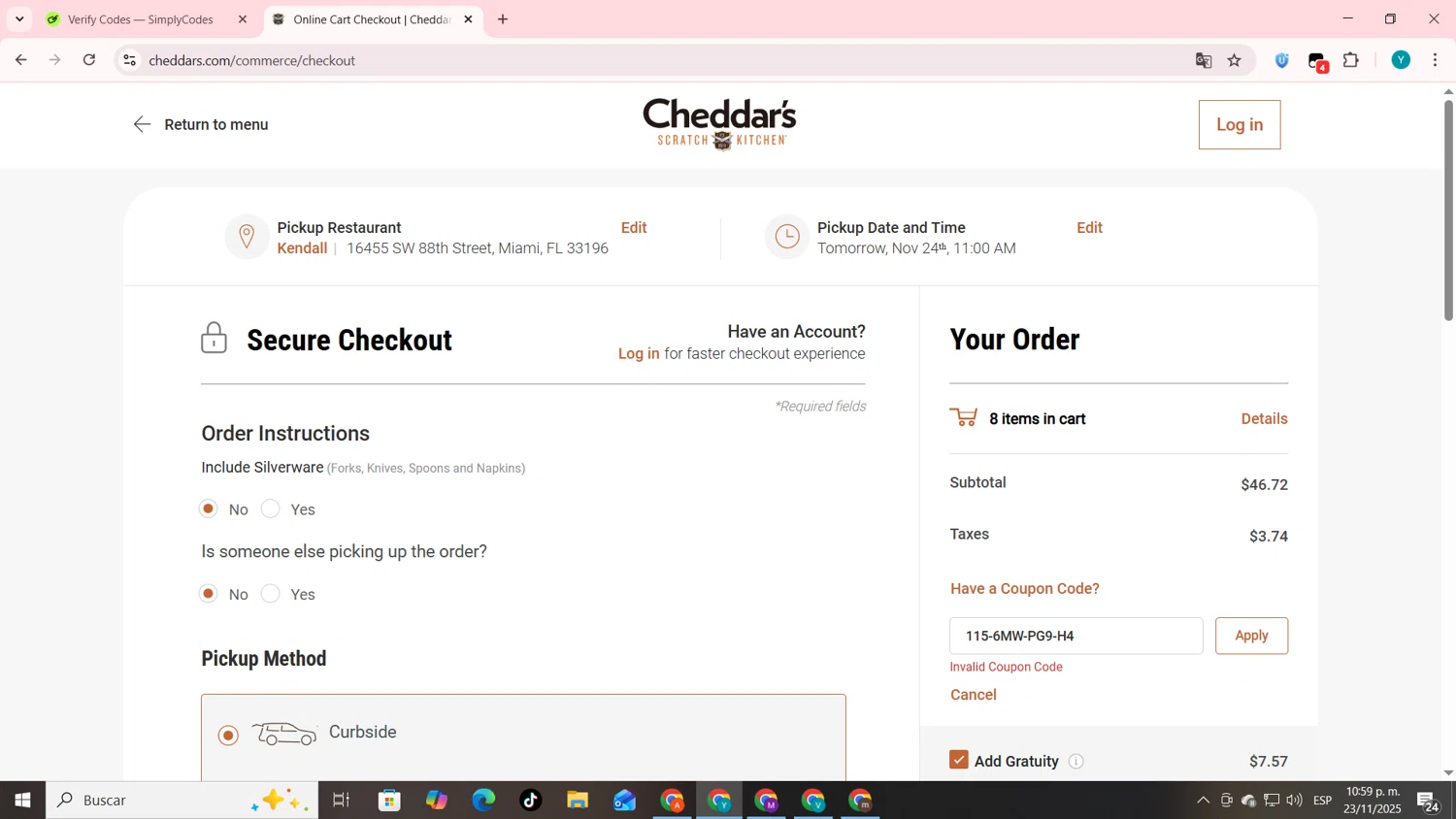 Cheddar's Scratch Kitchen promo code screenshot showing code 115-6MW-PG9-H4 applied at Cheddar's Scratch Kitchen checkout page. Uploaded by SimplyCodes community member codygakpo on Nov 24, 2025