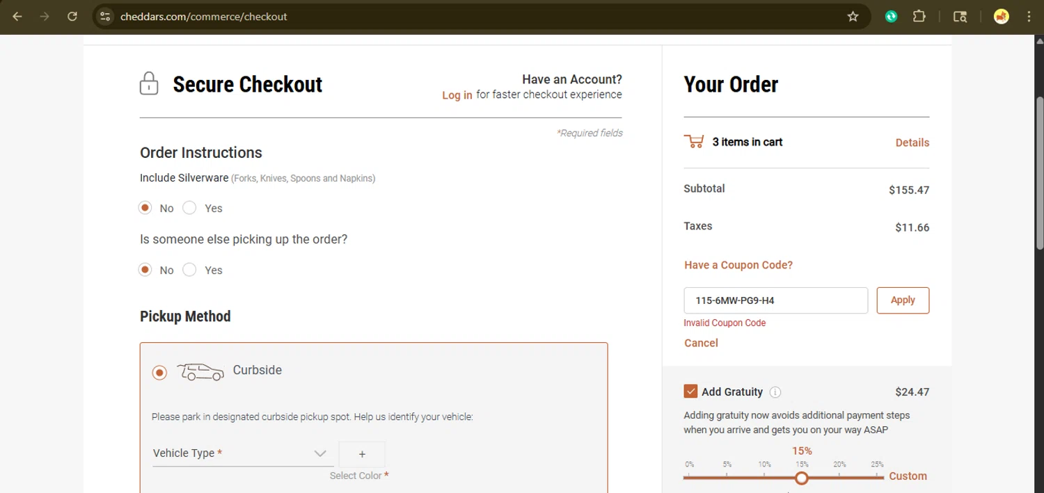 Cheddar's Scratch Kitchen promo code screenshot showing code 115-6MW-PG9-H4 applied at Cheddar's Scratch Kitchen checkout page. Uploaded by SimplyCodes community member giselmarstephanny on Nov 24, 2025