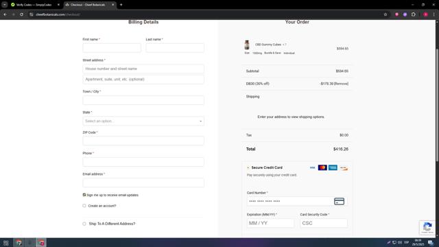 Cheef Botanicals checkout page showing Cheef Botanicals coupon code box | Screenshot taken by SimplyCodes community member on May 29, 2025