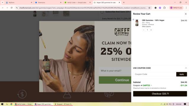 Cheef Botanicals checkout page showing Cheef Botanicals coupon code box | Screenshot taken by SimplyCodes community member on May 29, 2025