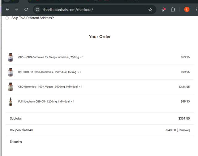 Cheef Botanicals checkout page showing Cheef Botanicals coupon code box | Screenshot taken by SimplyCodes community member on May 18, 2025