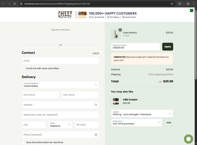 Cheef Botanicals checkout page showing Cheef Botanicals coupon code box | Screenshot taken by SimplyCodes community member on Aug 8, 2025